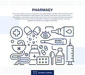 药房概念标题，网页横幅模板。可编辑的细线插图