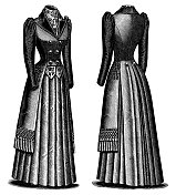 19世纪90年代维多利亚时代的时尚，女士们的散步服装与织锦马甲和长袍大衣(正面和背面)- 19世纪