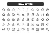 房地产线图标。可编辑的中风。包含这样的图标，如建筑，家庭，钥匙，抵押，建设，家庭，移动，家，房子。