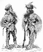 两个留着长胡子戴着毛皮帽的猎人在互相交谈