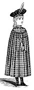 19世纪90年代的维多利亚时尚，小女孩格纹披肩和贝雷帽- 19世纪