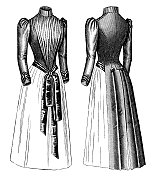 19世纪90年代维多利亚时代的时尚，女士晚宴礼服与羊腿袖，褶皱巴斯克长尾紧身胸衣和丝带(前面和后面)- 19世纪