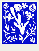 抽象蓝色艺术手绘风格的植物叶片图案背景