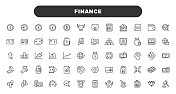 财务和金钱线图标。可编辑的中风。包含银行，图表和图表，信用卡，加密货币，债务，美元，保险，支付，价格，退休，投资等图标。
