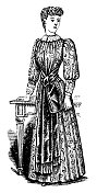 19世纪90年代维多利亚时代的时尚，19世纪的女士绉纹佩斯利花边日装