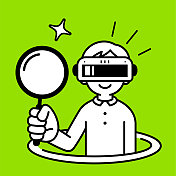 一个戴着虚拟现实耳机或VR眼镜的男孩从虚拟洞里跳出来，拿着放大镜进入虚拟世界，极简风格，黑白轮廓，发现问题，解决问题