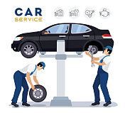 汽车服务和维修。在车库里修理汽车的机械师队伍。 汽车服务和维修。在车库里修理汽车的机械师队伍。