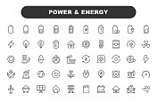 能量和能量图标。可编辑的中风。包含能源、动力、可再生能源、电力、电动汽车、煤炭、天然气、核能、电池、太阳能等图标。