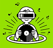 一个戴着虚拟现实耳机或VR眼镜的男孩从虚拟洞里蹦出来，进入虚拟世界，拿着黑胶唱片，听着音乐，看着观众，极简风格，黑白轮廓