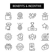 福利和激励线图标集。奖金、津贴、津贴、退休金 福利和激励线图标集。奖金、津贴、津贴、退休金
