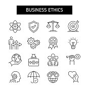 商业道德线图标集。核心价值观，企业经营，责任，诚实，信任。
