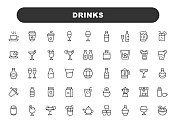 饮料和酒精线图标。可编辑的中风。包含这样的图标，咖啡，葡萄酒，咖啡杯，水，香槟，牛奶，威士忌，茶壶，啤酒，果汁，香槟瓶，玛格丽塔酒，酒精。