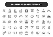 业务管理线图标。可编辑的中风。包含商业策略、头脑风暴、领导力、绩效、沟通、计划、设定目标、评估、人力资源等图标。