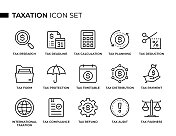 税收概念细线图标集包含纳税截止日期，税收计算，税收筹划，税收扣除，纳税，退税等图标