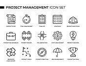 项目管理概念细线图标集包含项目计划、时间管理、任务列表、进度、协作、成本管理、风险管理等图标