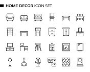 家居装饰概念细线图标集包含诸如椅子，床，沙发，扶手椅，电视机，橱柜，桌子，框架，吊灯，地板，壁纸等图标