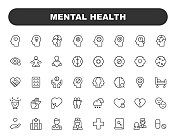 心理健康线图标。可编辑的中风。包含诸如健康，焦虑，护理，抑郁，情绪压力，医疗保健，医学，人类大脑，孤独，支持，治疗等图标。