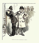 一名警察在下议院使用扩音器或喉管，英国，维多利亚时代的历史，1881年的复古插图