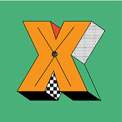复古90年代的Y2K 3D字体设计大写字母X在方形块的颜色