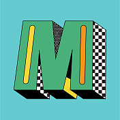 复古90年代的Y2K 3D字体设计大写字母M在方形块的颜色