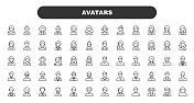 男性和女性头像线图标。可编辑的中风。包含头像，男人，个人资料，用户，社交媒体，人头，人脸，办公室，人，老人，商人，商务人士，移动应用程序配置文件等图标。