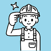一个男孩戴着安全帽，穿着带背带或背带的工作服，举起手触摸安全帽，看着观众，一个简单的线条画或建筑工人或建筑工人的图标