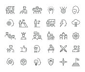 简单的商业动机线图标集。自信，成就，团队合作，领导，组织，指导。