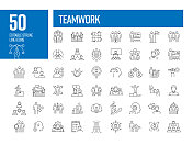 团队合作线路图标集。协作、业务团队、同事。
