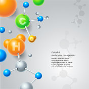 抽象的分子设计。矢量插图。原子。旗帜或传单的医学背景。分子结构与彩色球形粒子