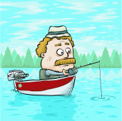 成熟的男人在湖上划船钓鱼
