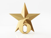 金色的数字6在金色的星星前面在白色的背景