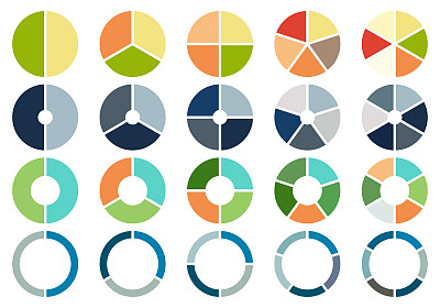 矢量插图饼图集，圆形进度条图标的信息图，颜色图集合2,3,4,5,6节或步骤，UI,web设计业务演示
