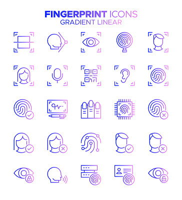 指纹-梯度细线矢量图标集-生物识别，版画技术，安全，签名，分析，条形码阅读器，?dentity
