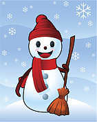 冬天的雪人戴着红帽子和围巾，拿着扫帚