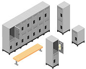 一个有储物柜和长凳的更衣室的3D插图