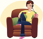 女孩戴着耳机听音乐