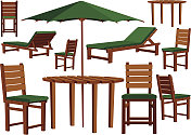 木制的花园家具和日光浴躺椅