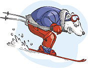 滑雪时穿着蓝夹克和红裤子