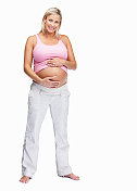 中年孕妇抱着她的肚子过白