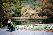 轮椅上的老年妇女独自在秋天的公园里