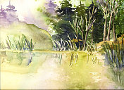 水彩森林与池塘