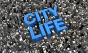 “城市生活”信件躺在一个城市3d渲染