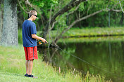 男孩在湖边钓鱼