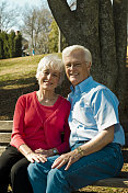 快乐的老夫妇坐在公园的长椅上