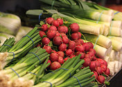 加拿大温哥华市场的大葱、萝卜和韭菜