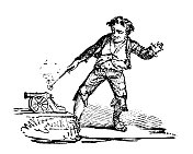19世纪雕刻的男孩点燃玩具大炮