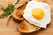早餐煎蛋，刀叉，桌上放着吐司