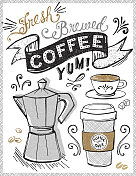咖啡馆，咖啡店海报或符号概念与手印