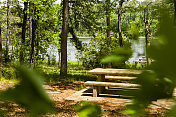 春天树木环绕着一个湖。森林里的公园野餐桌。