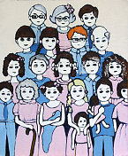一群孩子装扮成一代又一代家庭成员的油画
